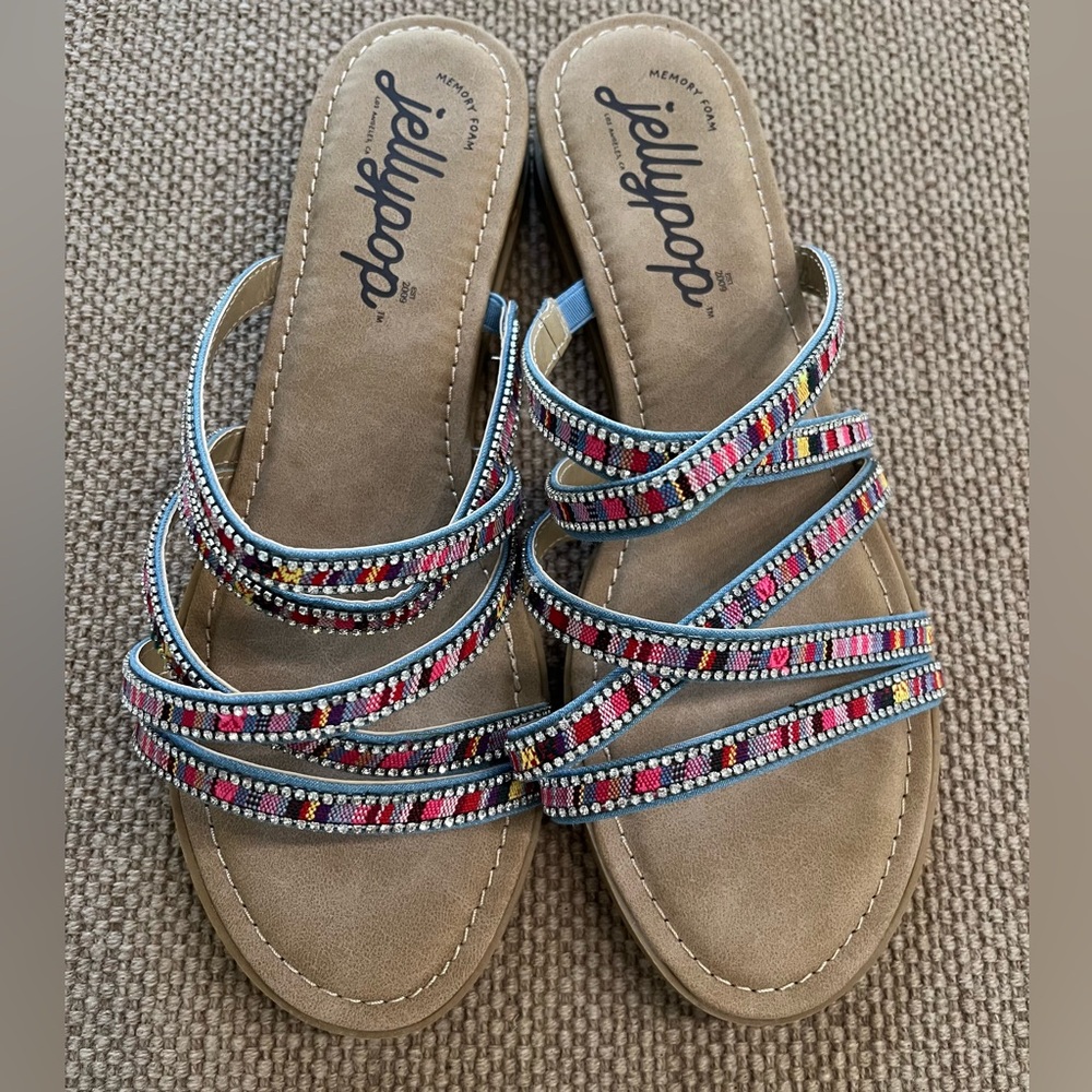 Jellypop Multicolor Beaded Strappy Slide Sandal with Tan Footbed and Blue Trim